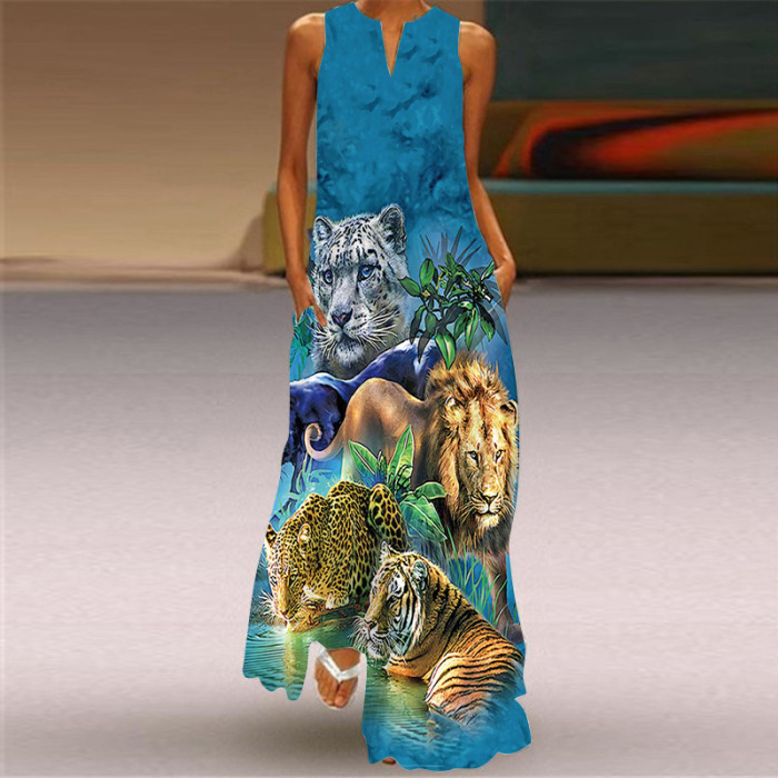 Women's Retro Print V-neck Multicolor Sexy Sleeveless  Maxi Dress