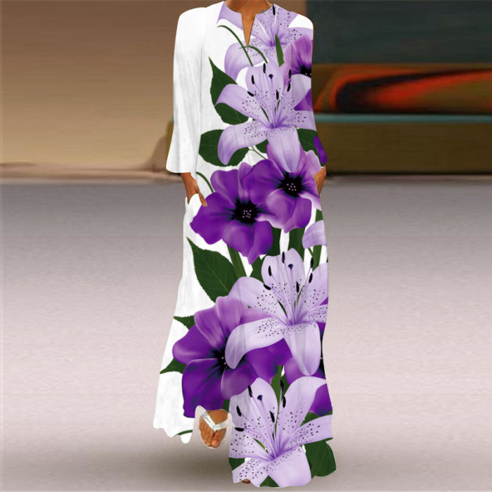 Women's Fashion Sexy Printed Long Sleeve V Neck  Wedding Guest Dress