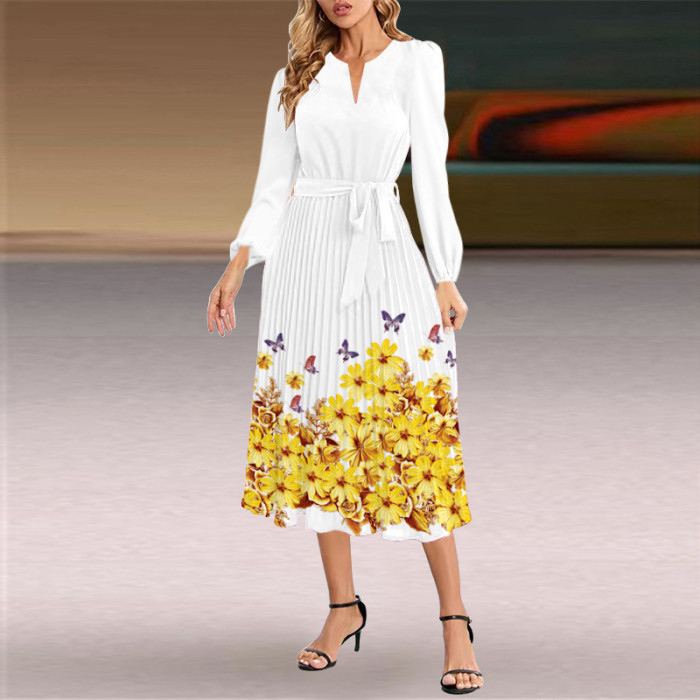 Fashion Long Sleeve Slim Pleated V-Neck A-Line  Wedding Guest Dress