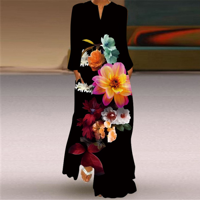 Women's Fashion Sexy Printed Long Sleeve V Neck  Wedding Guest Dress