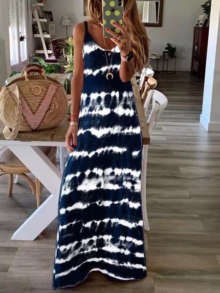 Sexy V Neck Retro Gradient Tie Dye Bohemian Casual Loose Beach Party Maxi Dress