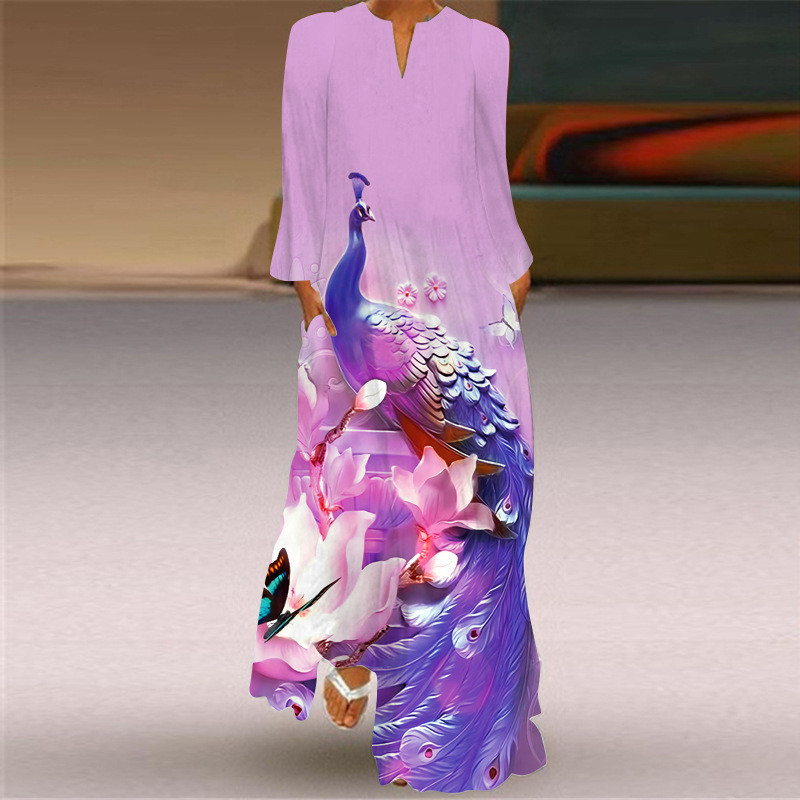 Women's Fashion Sexy Printed Long Sleeve V Neck  Wedding Guest Dress