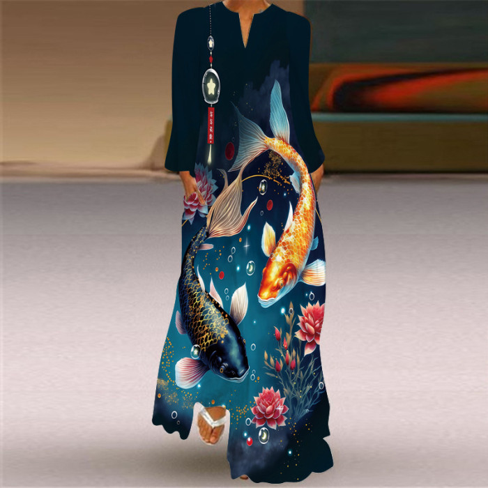 Women's Fashion Sexy Printed Long Sleeve V Neck  Wedding Guest Dress
