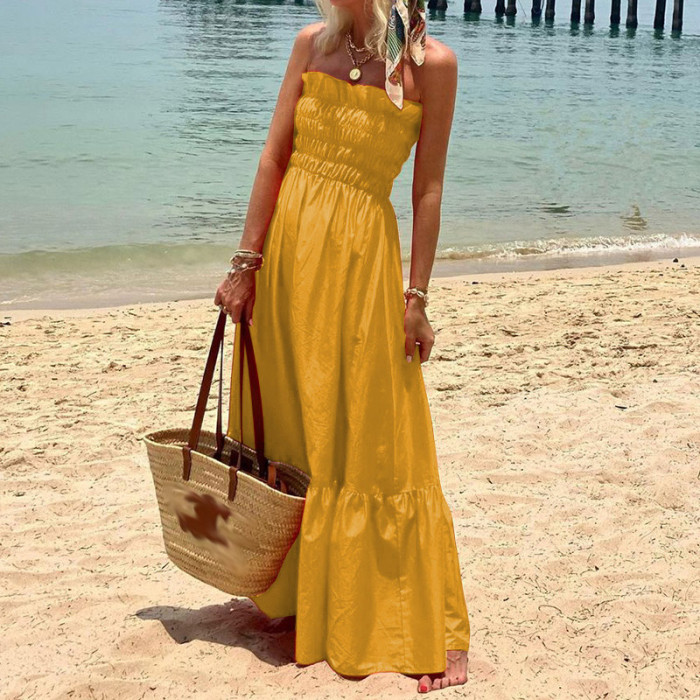 Sexy Pleated Stretch Vintage Solid Slim A-Line Fashion Wedding Guest Dress