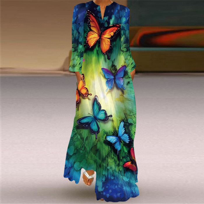 Women's Fashion Sexy Printed Long Sleeve V Neck  Wedding Guest Dress