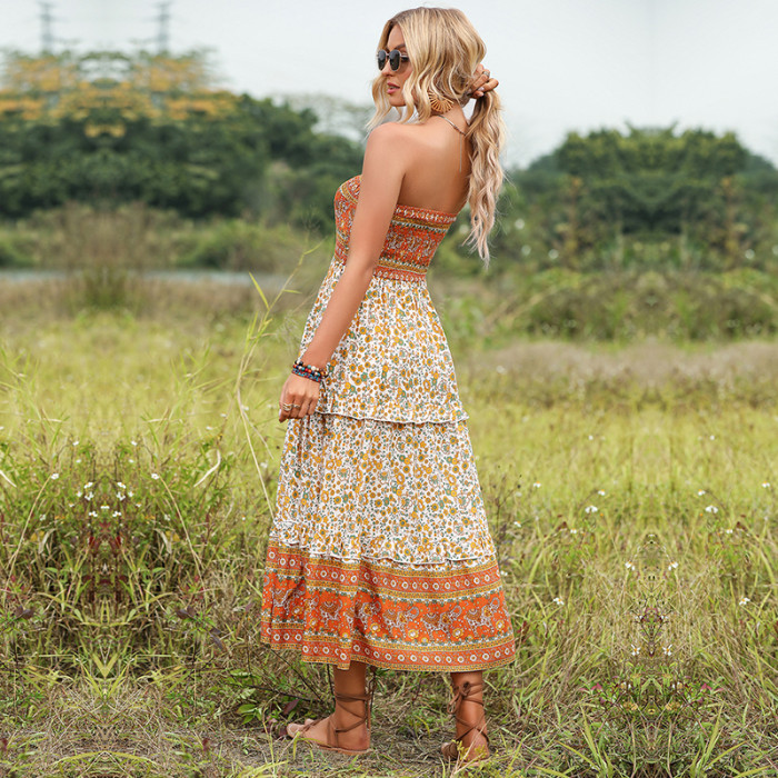 Summer Ethnic Style Ruffle Print Bohemian Tube Top Sexy  Maxi Dress