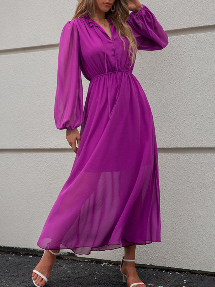 V Neck Solid Color Long Sleeves High Waist Fashionable Casual  Maxi Dress