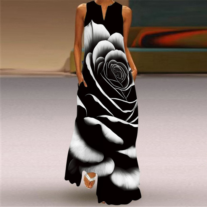 Women Fashion Sleeveless V Neck Printed Sexy  Maxi Dress