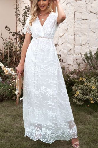 Fashion Lace Elegant Hollow V Neck Short Sleeve Bohemian Party Wedding Guest Dress