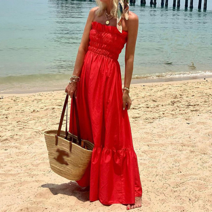 Sexy Pleated Stretch Vintage Solid Slim A-Line Fashion Wedding Guest Dress