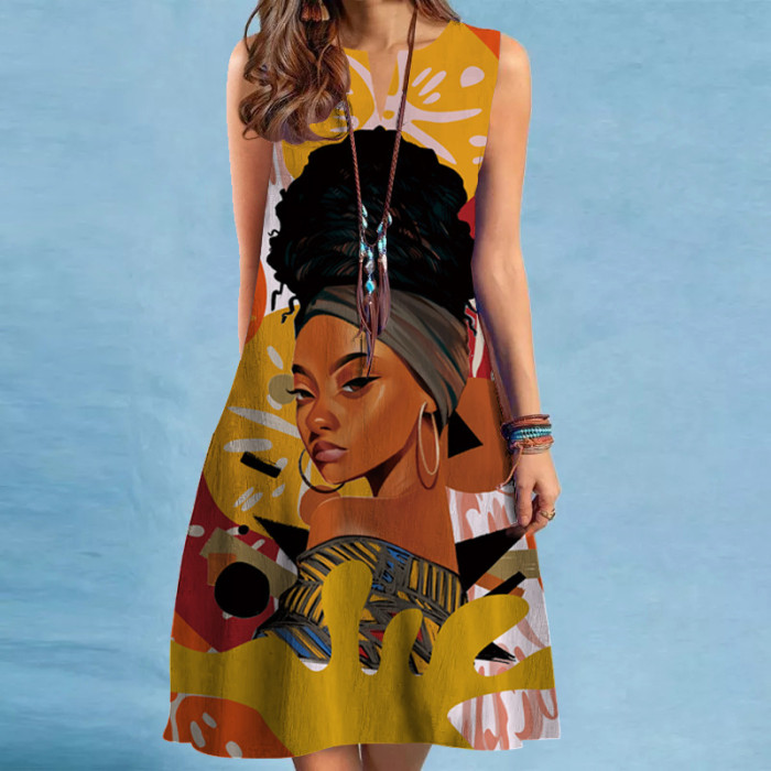 Fashion Print V -neck Loose Sleeveless Casual Dress