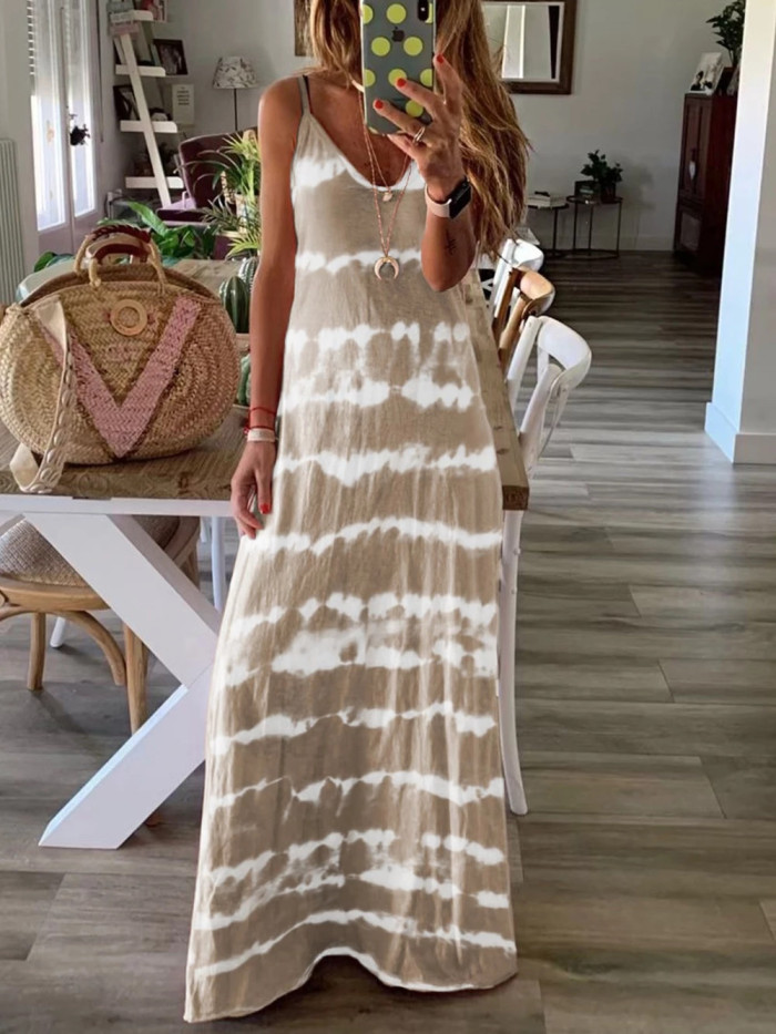 Sexy V Neck Retro Gradient Tie Dye Bohemian Casual Loose Beach Party Maxi Dress