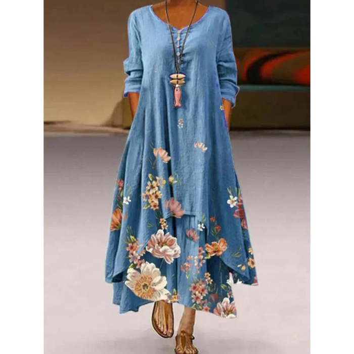 Casual Elegant Long Sleeve Fashion Floral Loose O-Neck Maxi Dress