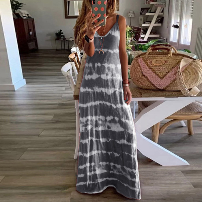 Sexy V Neck Retro Gradient Tie Dye Bohemian Casual Loose Beach Party Maxi Dress