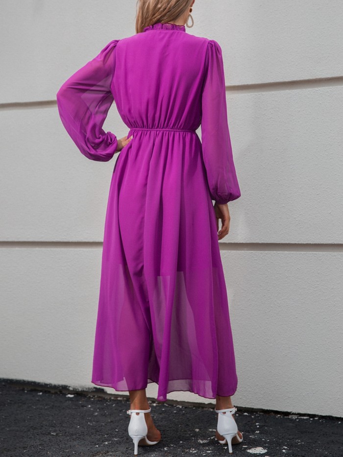 V Neck Solid Color Long Sleeves High Waist Fashionable Casual  Maxi Dress