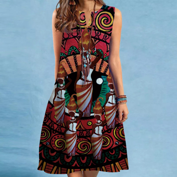 Fashion Print V -neck Loose Sleeveless Casual Dress