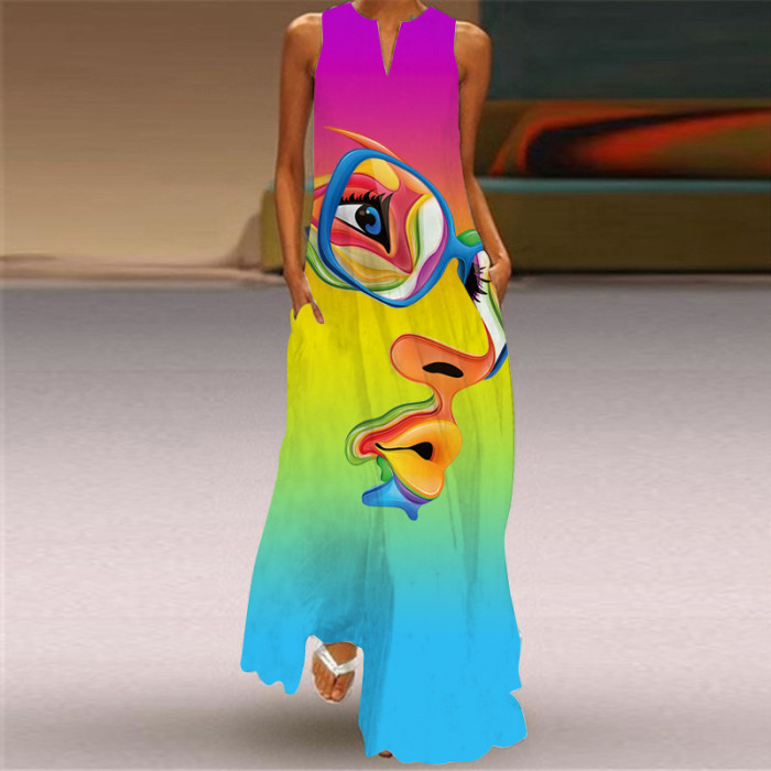 Fashion Printing V Neck Sleeveless Sexy Casual Maxi Dress
