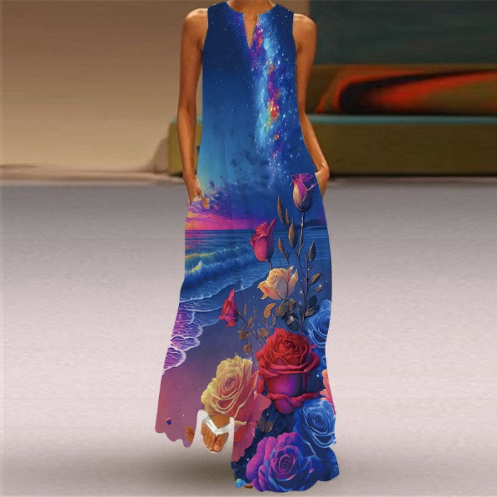 Fashion Sexy Print V Neck Sleeveless Elegant Bohemian  Maxi Dress