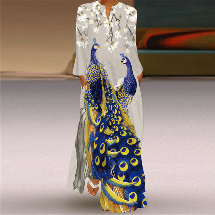 Women's Fashion Sexy Printed Long Sleeve V Neck  Wedding Guest Dress
