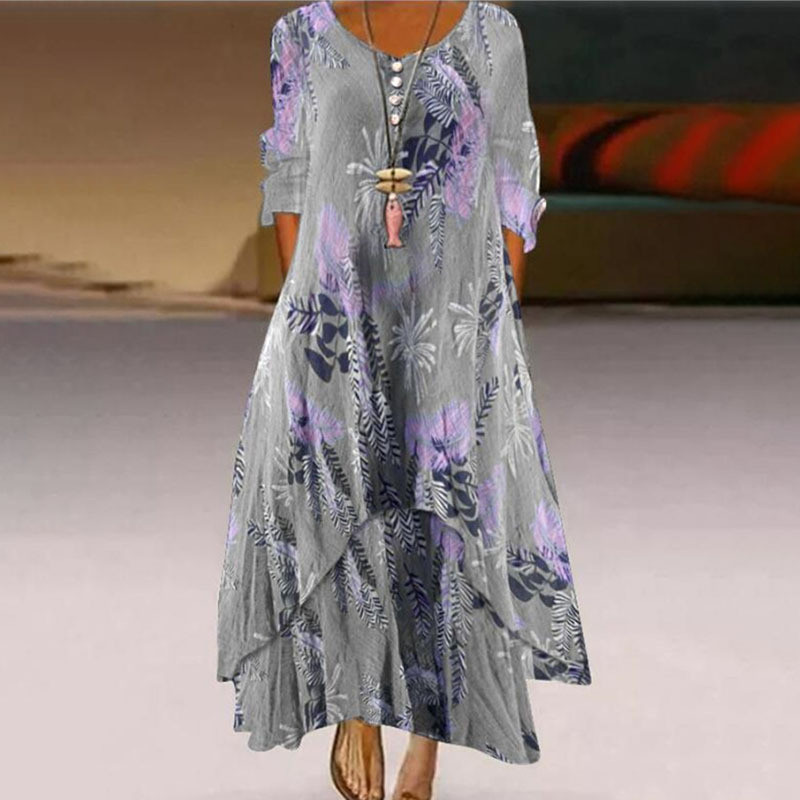 Women's Fashion Printed Loose Long Sleeve Irregular Casual Maxi Dress