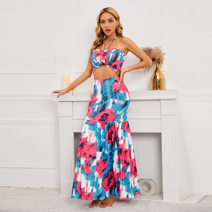 Women's Design Sexy Bohemian Print Halter Neck Top + Skirt Two-Piece Dress