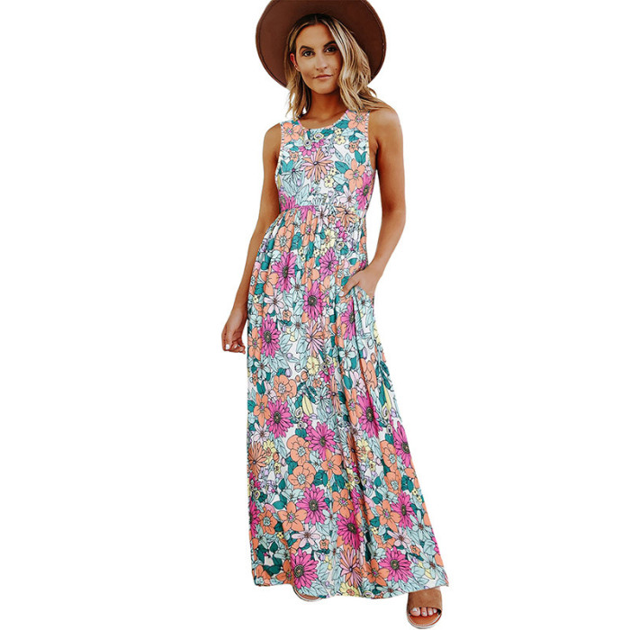 Summer New High Waist Casual Floral Printed Round Neck Maxi Dress