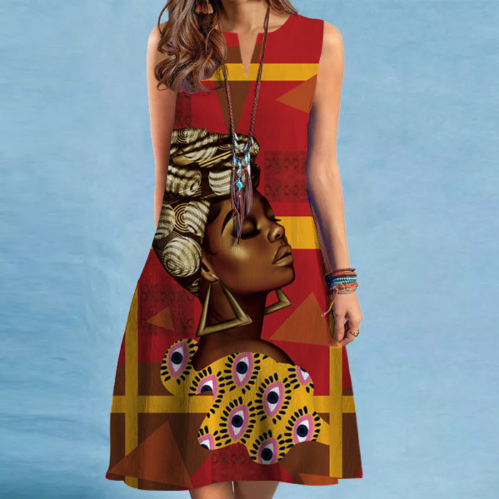 Fashion Print V -neck Loose Sleeveless Casual Dress