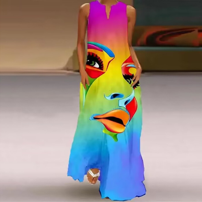 Fashion Printing V Neck Sleeveless Sexy Casual Maxi Dress