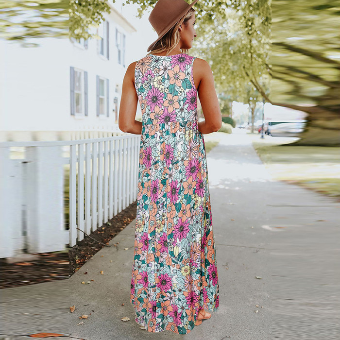 Summer New High Waist Casual Floral Printed Round Neck Maxi Dress