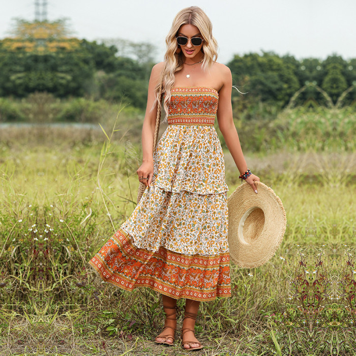 Summer Ethnic Style Ruffle Print Bohemian Tube Top Sexy  Maxi Dress