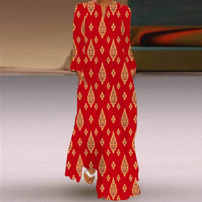 Women's Fashion Sexy Printed Long Sleeve V Neck  Wedding Guest Dress