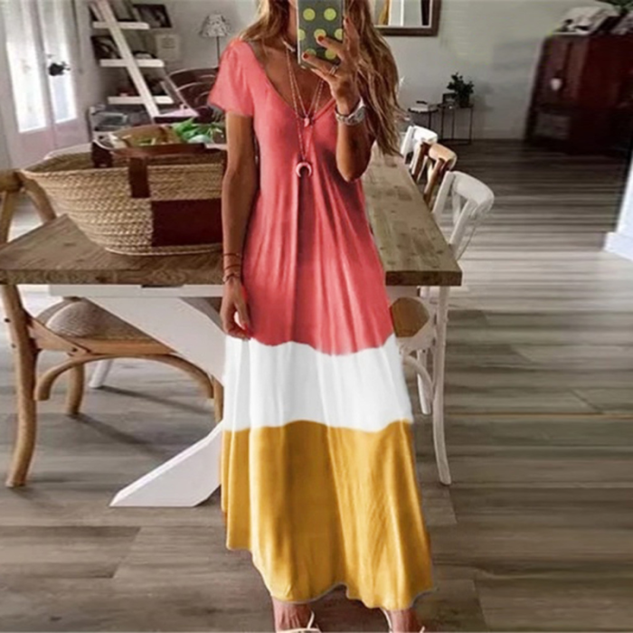 Sexy V Neck Retro Gradient Tie Dye Bohemian Casual Loose Beach Party Maxi Dress