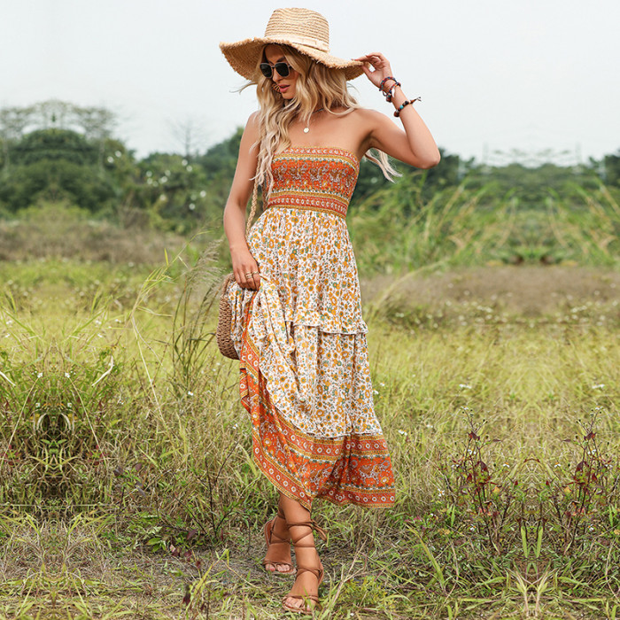 Summer Ethnic Style Ruffle Print Bohemian Tube Top Sexy  Maxi Dress