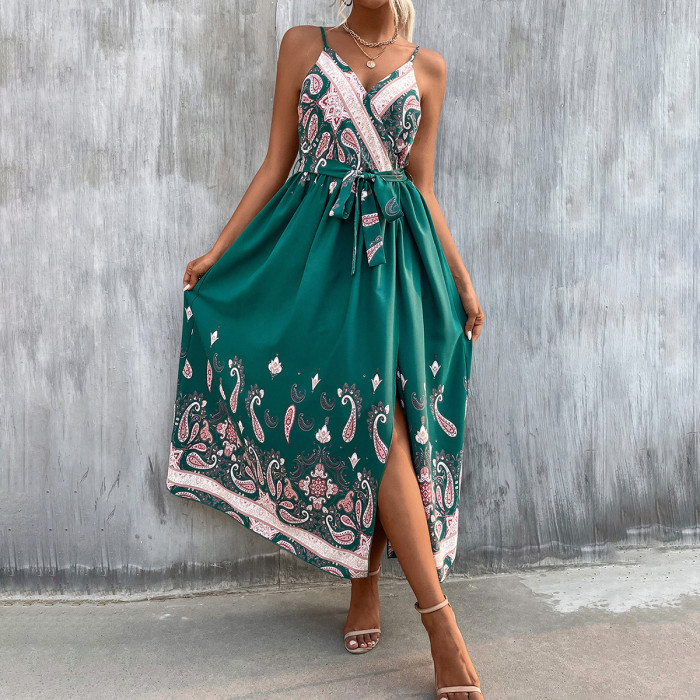 Summer Fashion Sexy V Neck Sleeveless Backless Boho Vintage Casual  Maxi Dress