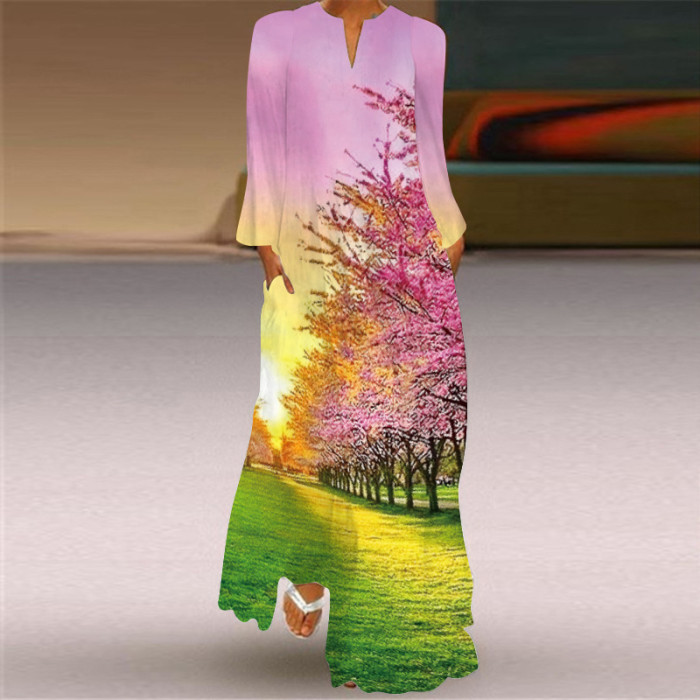 Women's Fashion Sexy Printed Long Sleeve V Neck  Wedding Guest Dress