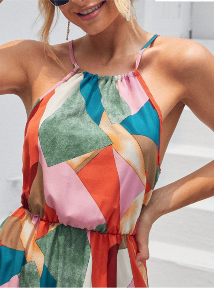 Fashion Resort Style Printed Beach Sleeveless Backless Elegant  Maxi Dress