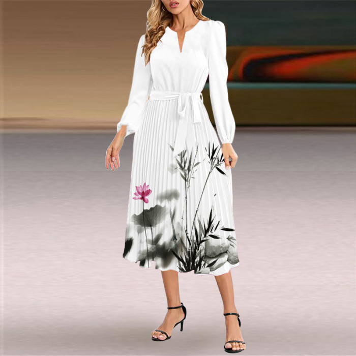 Fashion Long Sleeve Slim Pleated V-Neck A-Line  Wedding Guest Dress