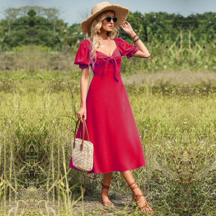 Solid Color V Neck Casual Bow Puff Sleeves High Waist Elegant A Line Maxi Dress