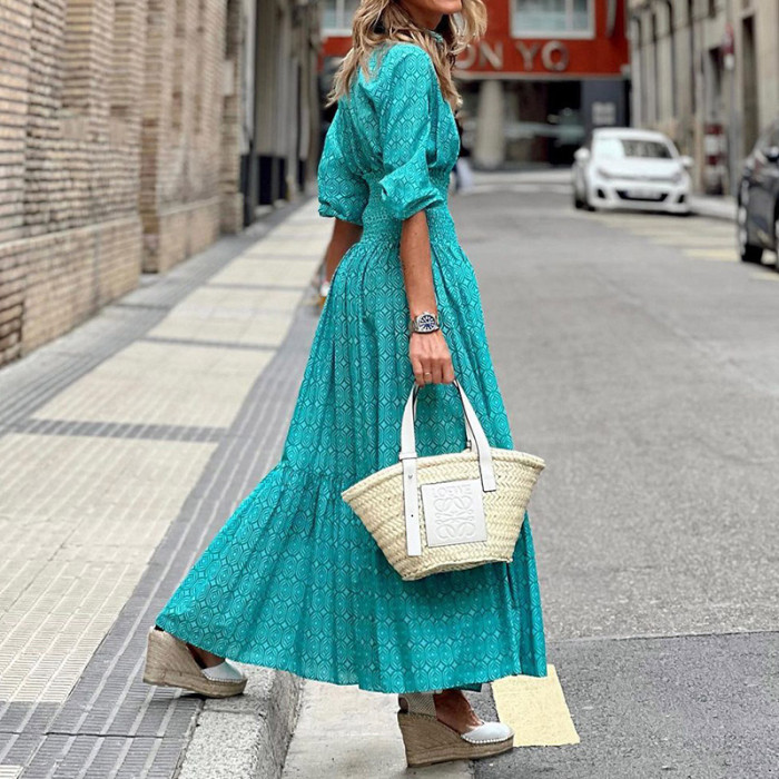 Elegant High Waist Pleated Print Casual Fashion Big Swing Beach Maxi Dress