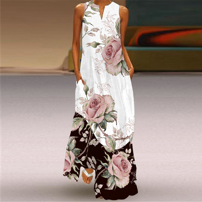 Women Fashion Sleeveless V Neck Printed Sexy  Maxi Dress