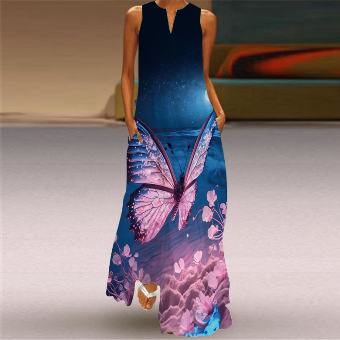 Fashion Sexy Print V Neck Sleeveless Elegant Bohemian  Maxi Dress