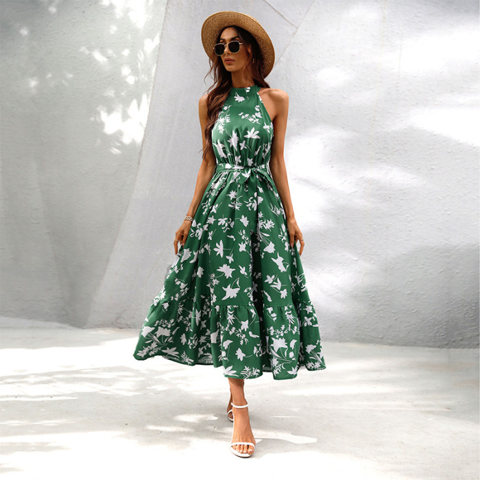 Fashion Sleeveless Backless Print Elegant Party A-Line  Maxi Dress