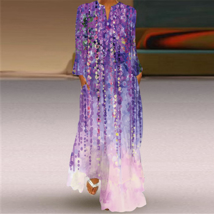 Women's Fashion Sexy Printed Long Sleeve V Neck  Wedding Guest Dress