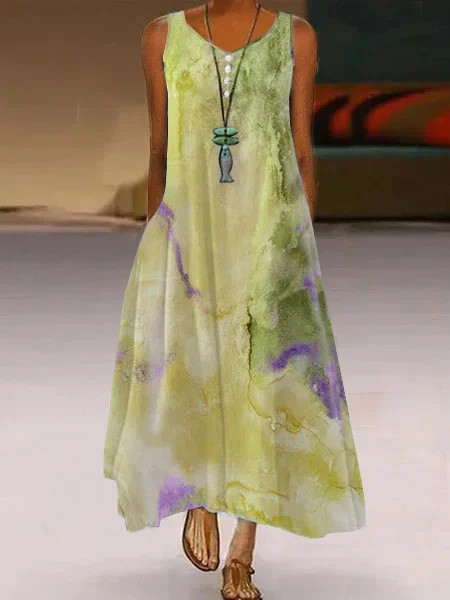 Fashion Print Sleeveless V Neck Pocket Casual Party  Maxi Dress