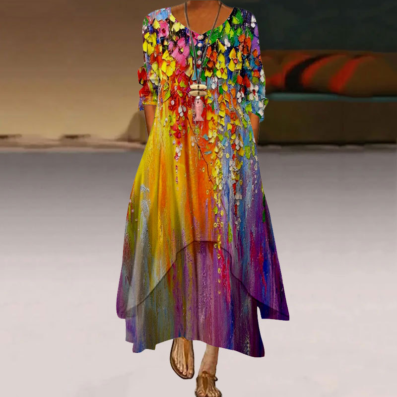 Casual Loose Fashion O Neck Long Sleeve Party Retro 3D Floral Print Maxi Dress