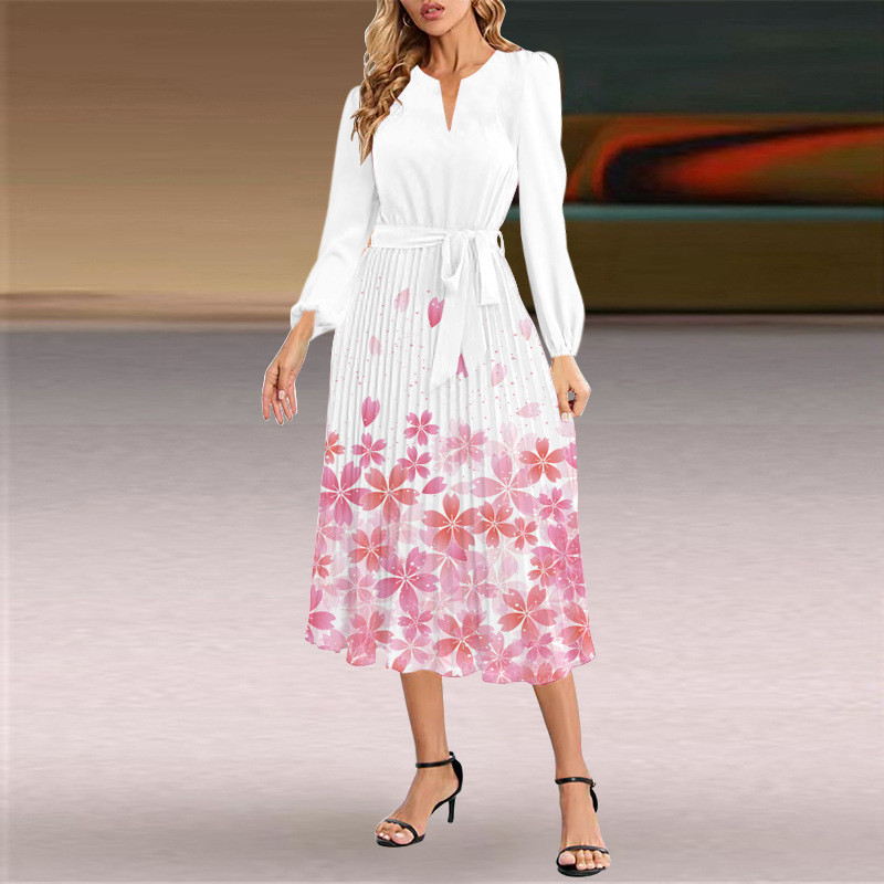 Fashion Long Sleeve Slim Pleated V-Neck A-Line  Wedding Guest Dress