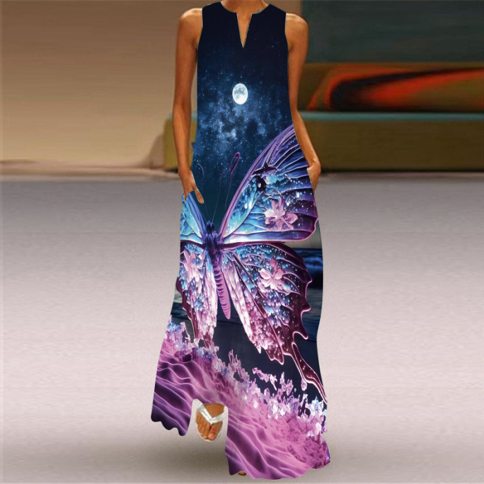 Fashion Sexy Print V Neck Sleeveless Elegant Bohemian  Maxi Dress