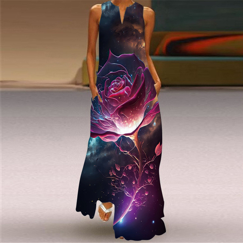 Fashion Sexy Print V Neck Sleeveless Elegant Bohemian  Maxi Dress