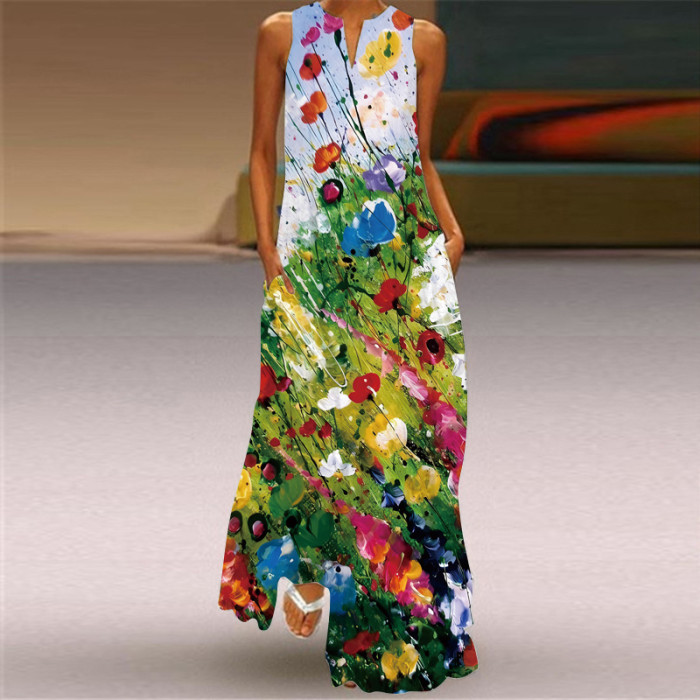 Fashion Printing V Neck Sleeveless Sexy Casual Maxi Dress