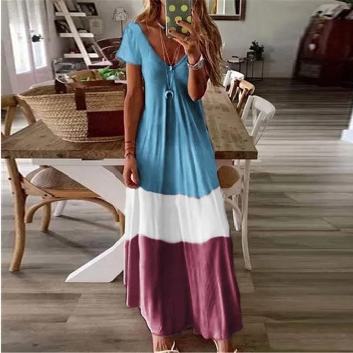 Sexy V Neck Retro Gradient Tie Dye Bohemian Casual Loose Beach Party Maxi Dress